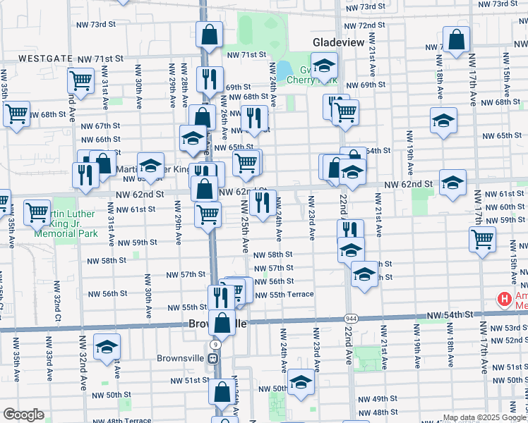 map of restaurants, bars, coffee shops, grocery stores, and more near 6055 Northwest 24th Court in Miami
