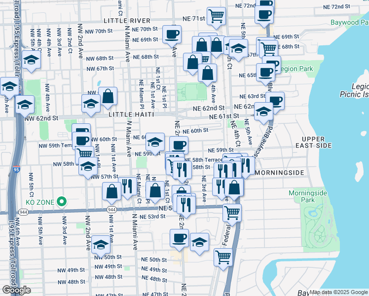 map of restaurants, bars, coffee shops, grocery stores, and more near 207 Northeast 59th Street in Miami