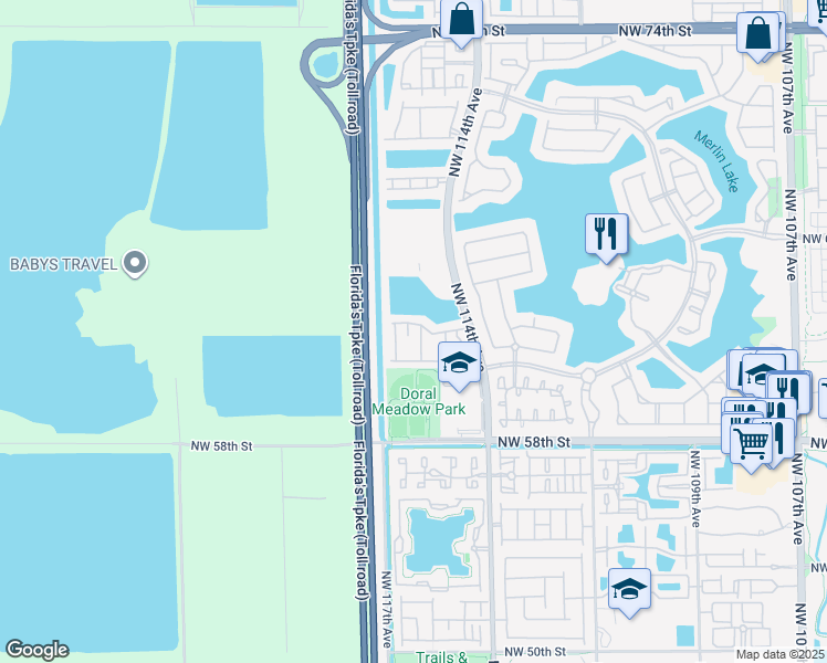 map of restaurants, bars, coffee shops, grocery stores, and more near 6103 Northwest 116 Place in Doral