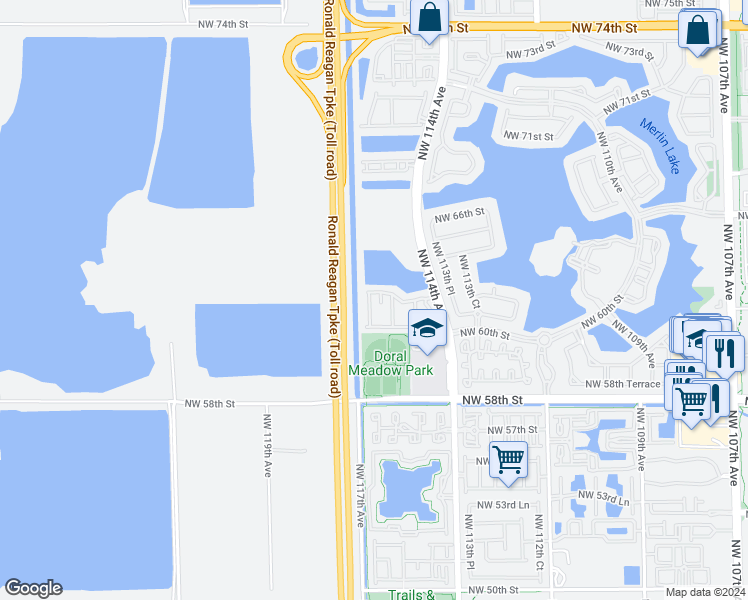 map of restaurants, bars, coffee shops, grocery stores, and more near 6103 Northwest 116 Place in Doral