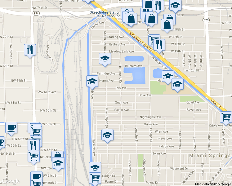 map of restaurants, bars, coffee shops, grocery stores, and more near 1125 Dove Avenue in Miami Springs