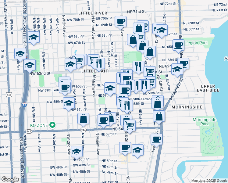 map of restaurants, bars, coffee shops, grocery stores, and more near 167 Northeast 59th Street in Miami