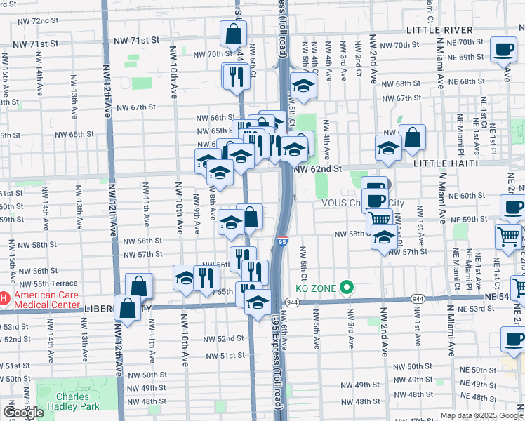 map of restaurants, bars, coffee shops, grocery stores, and more near in Miami