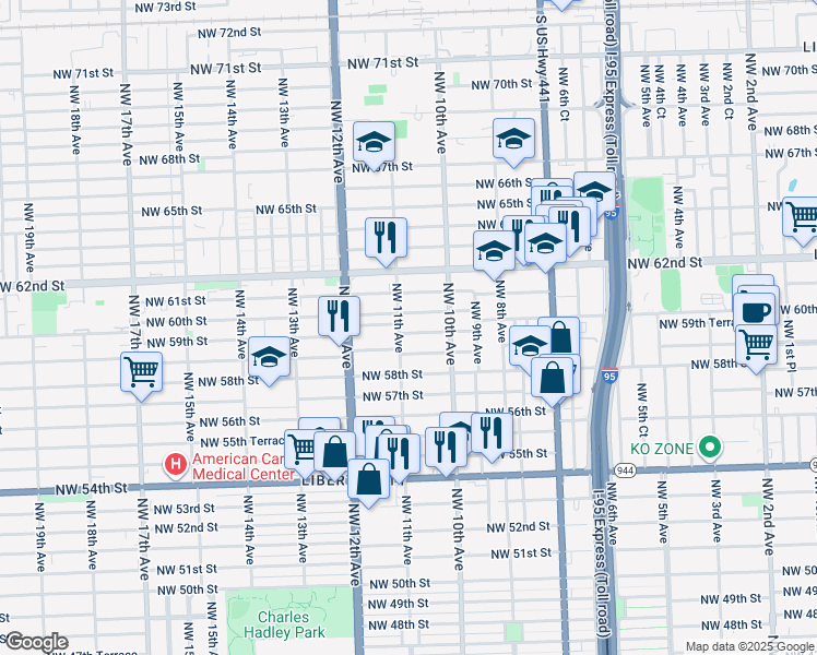 map of restaurants, bars, coffee shops, grocery stores, and more near 1075 Northwest 59th Street in Miami