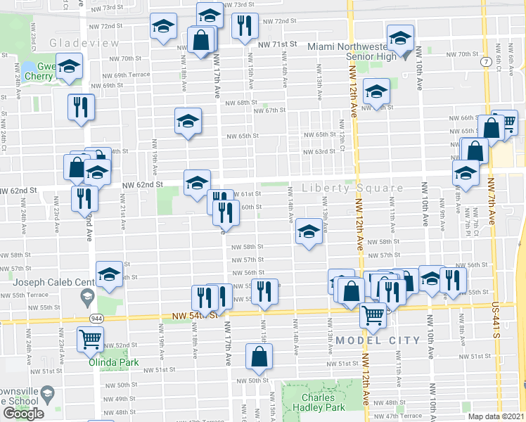 map of restaurants, bars, coffee shops, grocery stores, and more near 1512 Northwest 60th Street in Miami