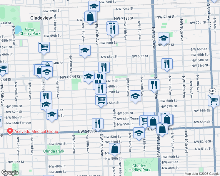 map of restaurants, bars, coffee shops, grocery stores, and more near 1512 Northwest 60th Street in Miami