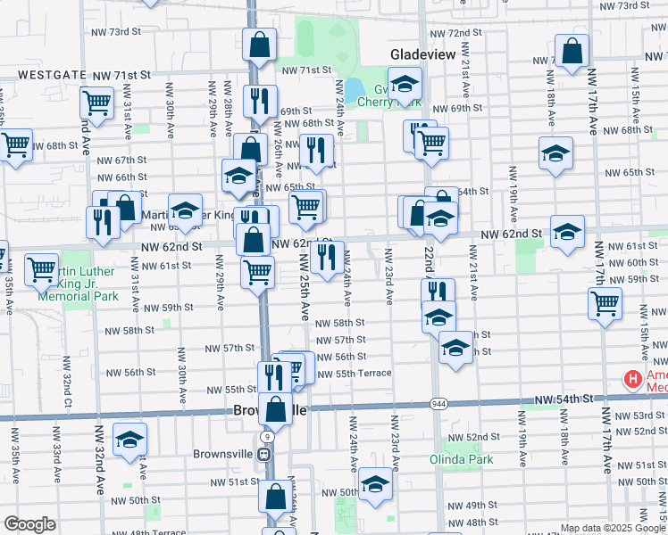 map of restaurants, bars, coffee shops, grocery stores, and more near 6055 Northwest 24th Court in Miami