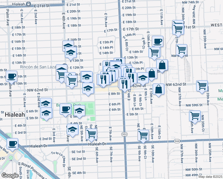 map of restaurants, bars, coffee shops, grocery stores, and more near 780 East 9th Street in Hialeah