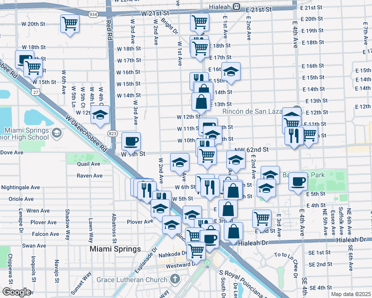 map of restaurants, bars, coffee shops, grocery stores, and more near 65 West 9th Street in Hialeah