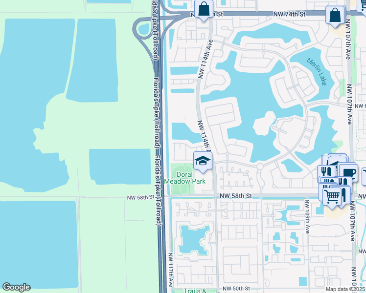 map of restaurants, bars, coffee shops, grocery stores, and more near 6103 Northwest 116 Place in Doral