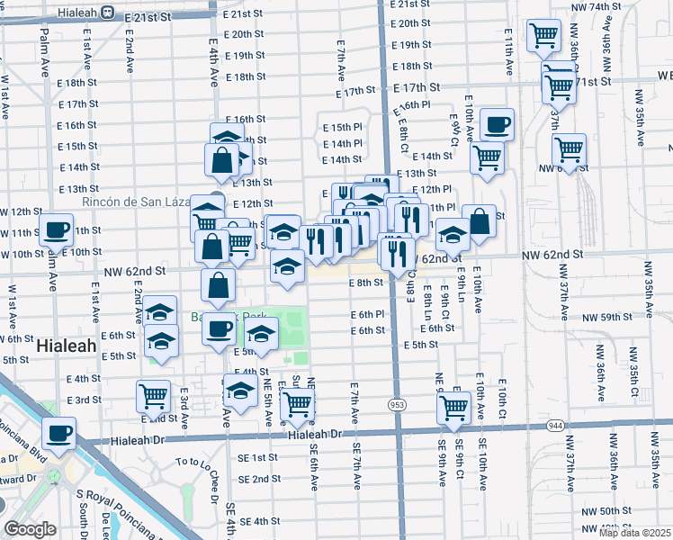 map of restaurants, bars, coffee shops, grocery stores, and more near 658 East 9th Street in Hialeah