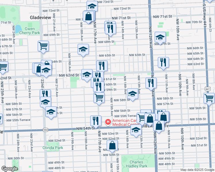 map of restaurants, bars, coffee shops, grocery stores, and more near 1512 Northwest 60th Street in Miami