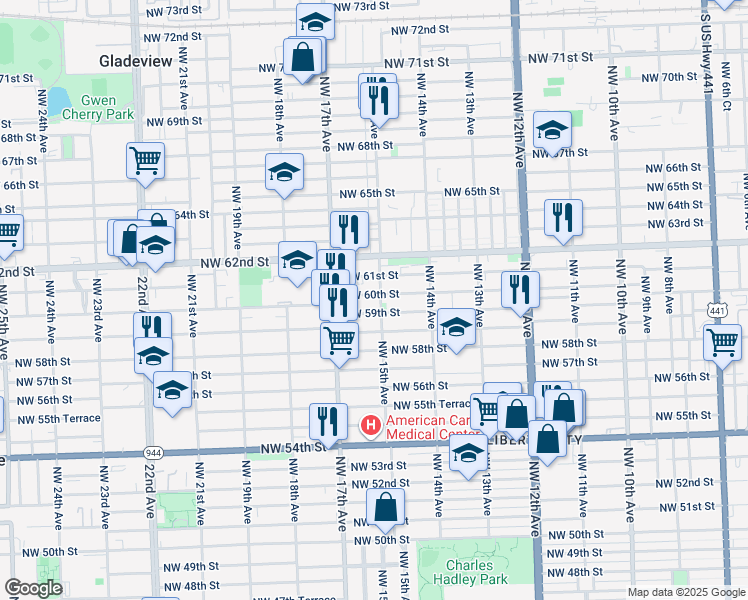 map of restaurants, bars, coffee shops, grocery stores, and more near 1512 Northwest 60th Street in Miami