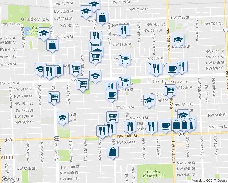map of restaurants, bars, coffee shops, grocery stores, and more near 1698 Northwest 60th Street in Miami