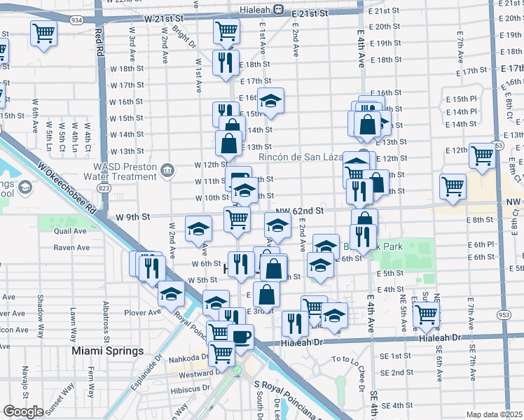 map of restaurants, bars, coffee shops, grocery stores, and more near 85 East 9th Street in Hialeah