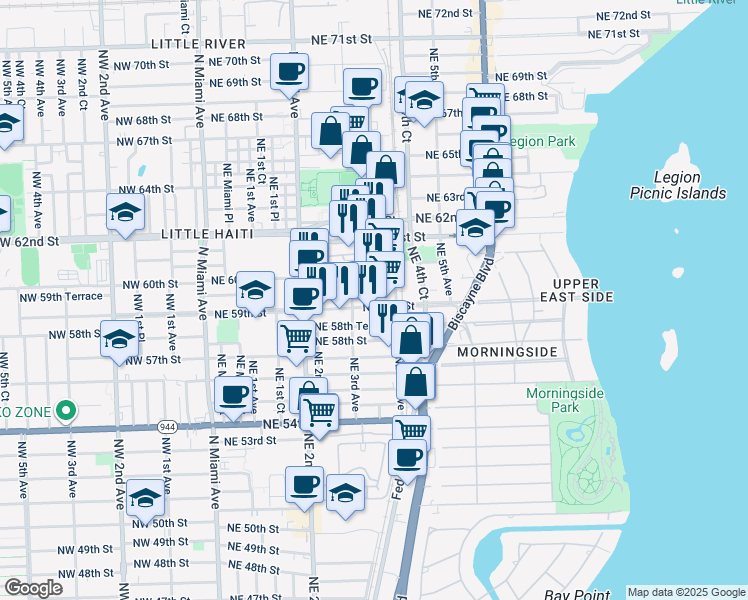 map of restaurants, bars, coffee shops, grocery stores, and more near 395A Northeast 59th Street in Miami