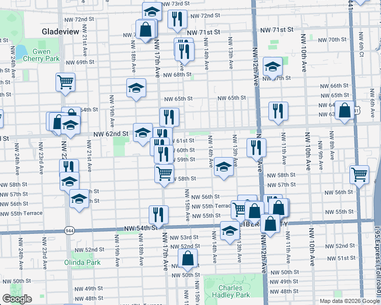 map of restaurants, bars, coffee shops, grocery stores, and more near 1512 Northwest 60th Street in Miami