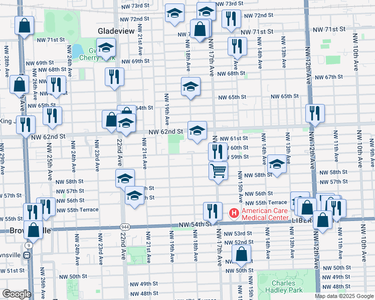 map of restaurants, bars, coffee shops, grocery stores, and more near 1801 Northwest 60th Street in Miami