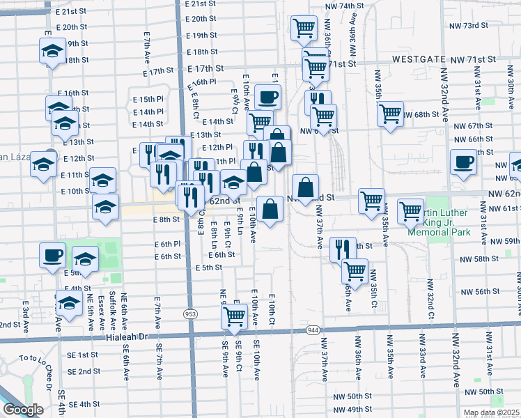 map of restaurants, bars, coffee shops, grocery stores, and more near 1050 E 9th St in Hialeah