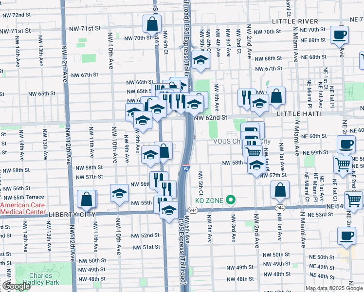 map of restaurants, bars, coffee shops, grocery stores, and more near 610 Northwest 60th Street in Miami
