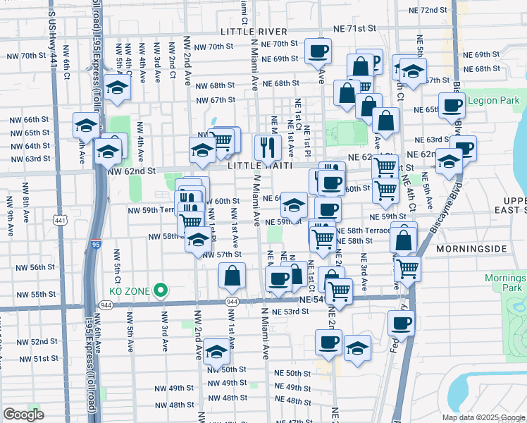map of restaurants, bars, coffee shops, grocery stores, and more near 22 Northeast 59th Terrace in Miami