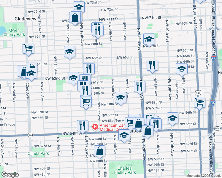 map of restaurants, bars, coffee shops, grocery stores, and more near 1426 Northwest 60th Street in Miami