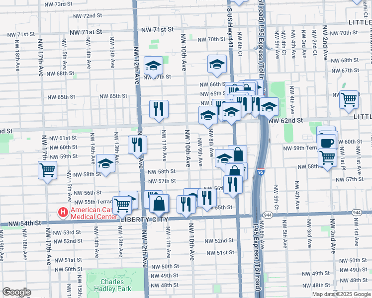 map of restaurants, bars, coffee shops, grocery stores, and more near 1005 Northwest 59th Street in Miami
