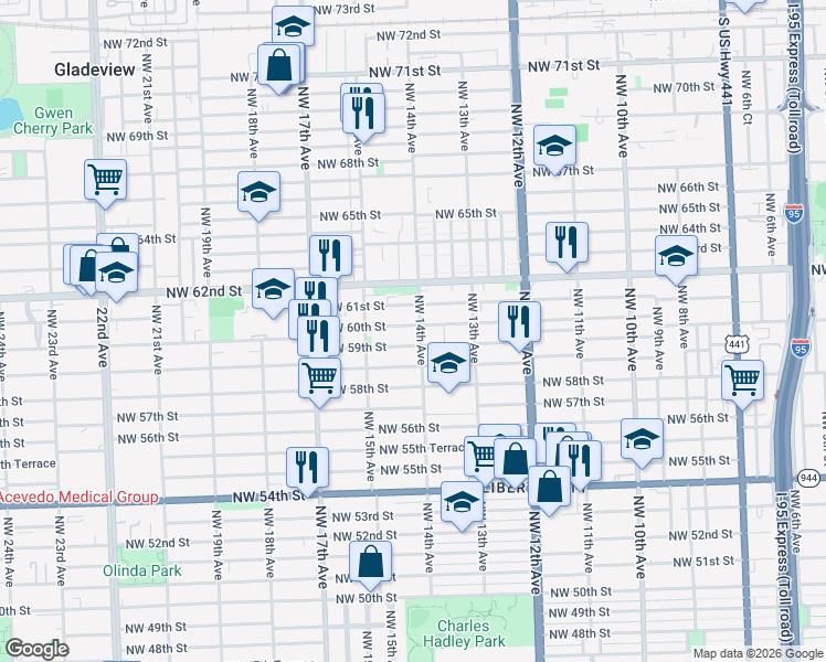 map of restaurants, bars, coffee shops, grocery stores, and more near 1426 Northwest 60th Street in Miami