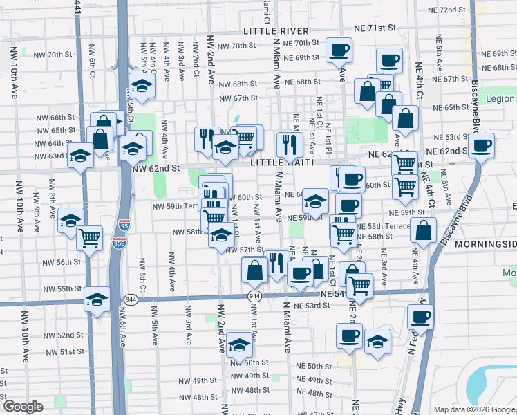 map of restaurants, bars, coffee shops, grocery stores, and more near 5921 Northwest 1st Avenue in Miami