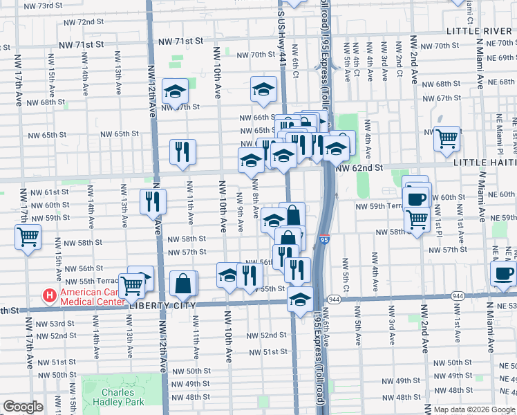 map of restaurants, bars, coffee shops, grocery stores, and more near 5901 Northwest 9th Avenue in Miami