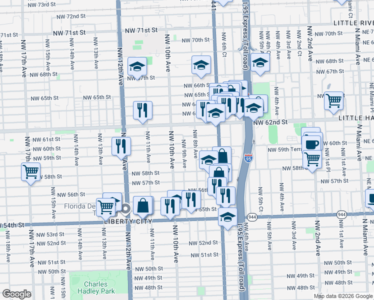 map of restaurants, bars, coffee shops, grocery stores, and more near 5901 Northwest 9th Avenue in Miami