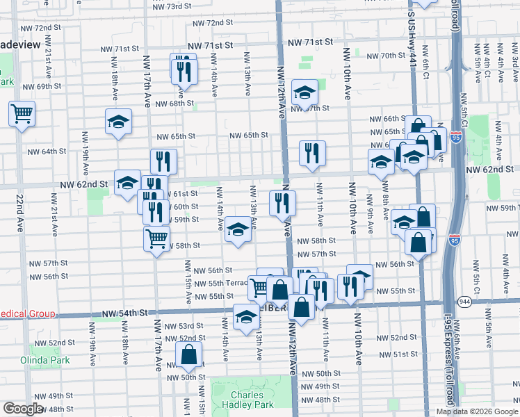 map of restaurants, bars, coffee shops, grocery stores, and more near 1287 Northwest 59th Street in Miami