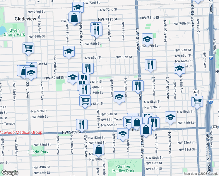 map of restaurants, bars, coffee shops, grocery stores, and more near 1426 Northwest 60th Street in Miami