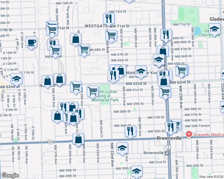 map of restaurants, bars, coffee shops, grocery stores, and more near 3152 Northwest 61st Street in Miami
