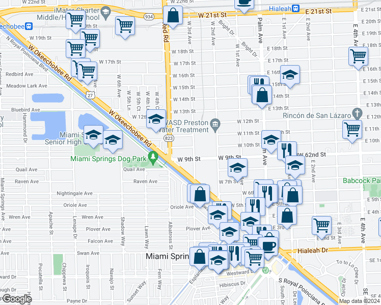 map of restaurants, bars, coffee shops, grocery stores, and more near 910 West 3rd Avenue in Hialeah