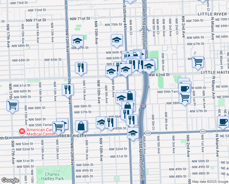 map of restaurants, bars, coffee shops, grocery stores, and more near 5901 Northwest 9th Avenue in Miami