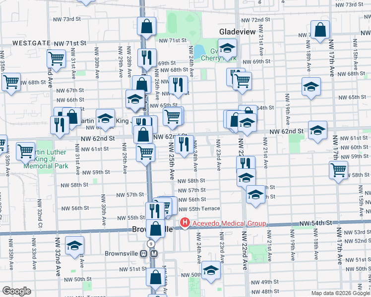 map of restaurants, bars, coffee shops, grocery stores, and more near 6055 Northwest 24th Court in Miami