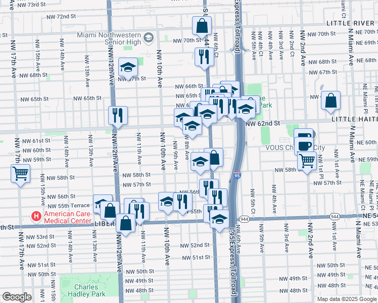 map of restaurants, bars, coffee shops, grocery stores, and more near 5901 Northwest 9th Avenue in Miami