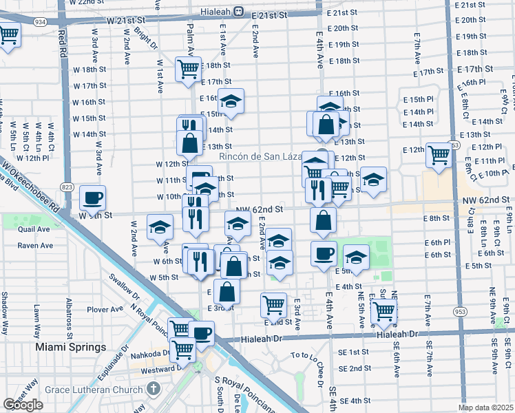 map of restaurants, bars, coffee shops, grocery stores, and more near 16 Northwest 62nd Street in Hialeah