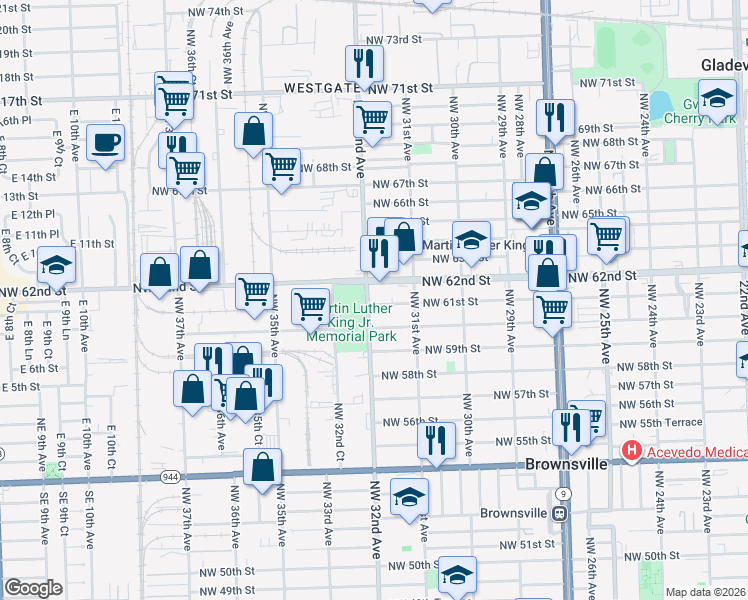 map of restaurants, bars, coffee shops, grocery stores, and more near 3152 Northwest 61st Street in Miami