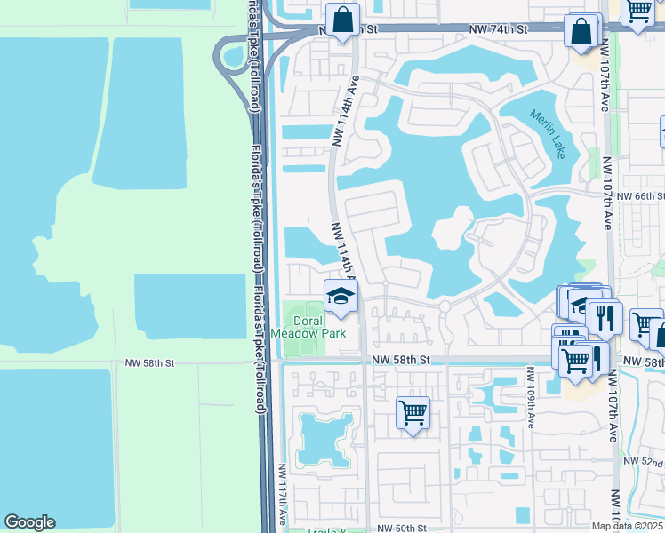 map of restaurants, bars, coffee shops, grocery stores, and more near 11405 Northwest 62nd Terrace in Doral
