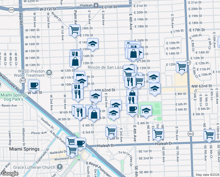 map of restaurants, bars, coffee shops, grocery stores, and more near 230 Northwest 62nd Street in Hialeah
