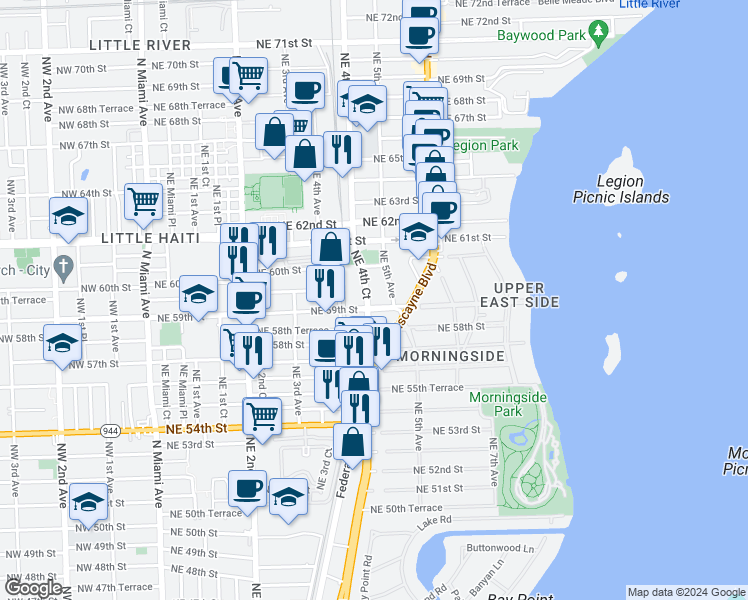 map of restaurants, bars, coffee shops, grocery stores, and more near 418 Northeast 59th Street in Miami
