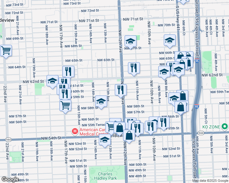 map of restaurants, bars, coffee shops, grocery stores, and more near 5916 Northwest 12th Avenue in Miami