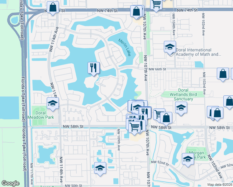 map of restaurants, bars, coffee shops, grocery stores, and more near 10974 Northwest 62nd Terrace in Doral