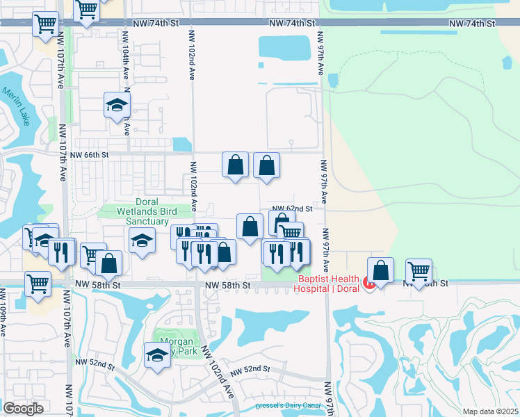 map of restaurants, bars, coffee shops, grocery stores, and more near 6100 Northwest 99th Avenue in Doral