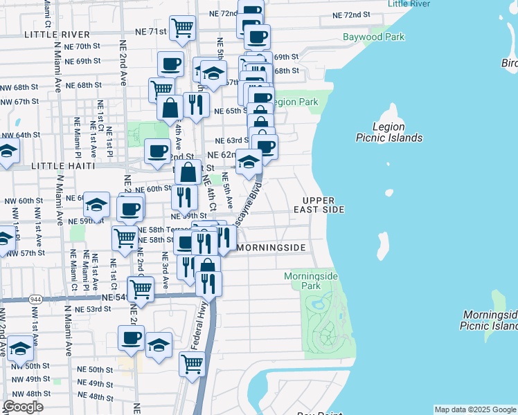 map of restaurants, bars, coffee shops, grocery stores, and more near 560 Northeast 59th Street in Miami