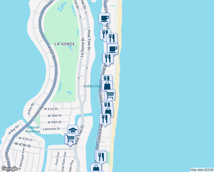 map of restaurants, bars, coffee shops, grocery stores, and more near 5225 Collins Avenue in Miami