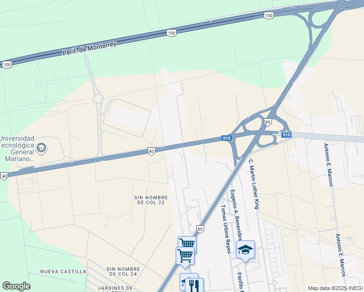 map of restaurants, bars, coffee shops, grocery stores, and more near Libramiento Noreste in Ciudad General Escobedo