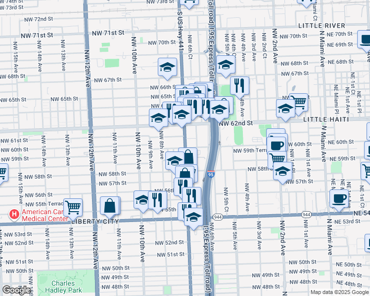 map of restaurants, bars, coffee shops, grocery stores, and more near NW 7th Ave & NW 60th St in Miami